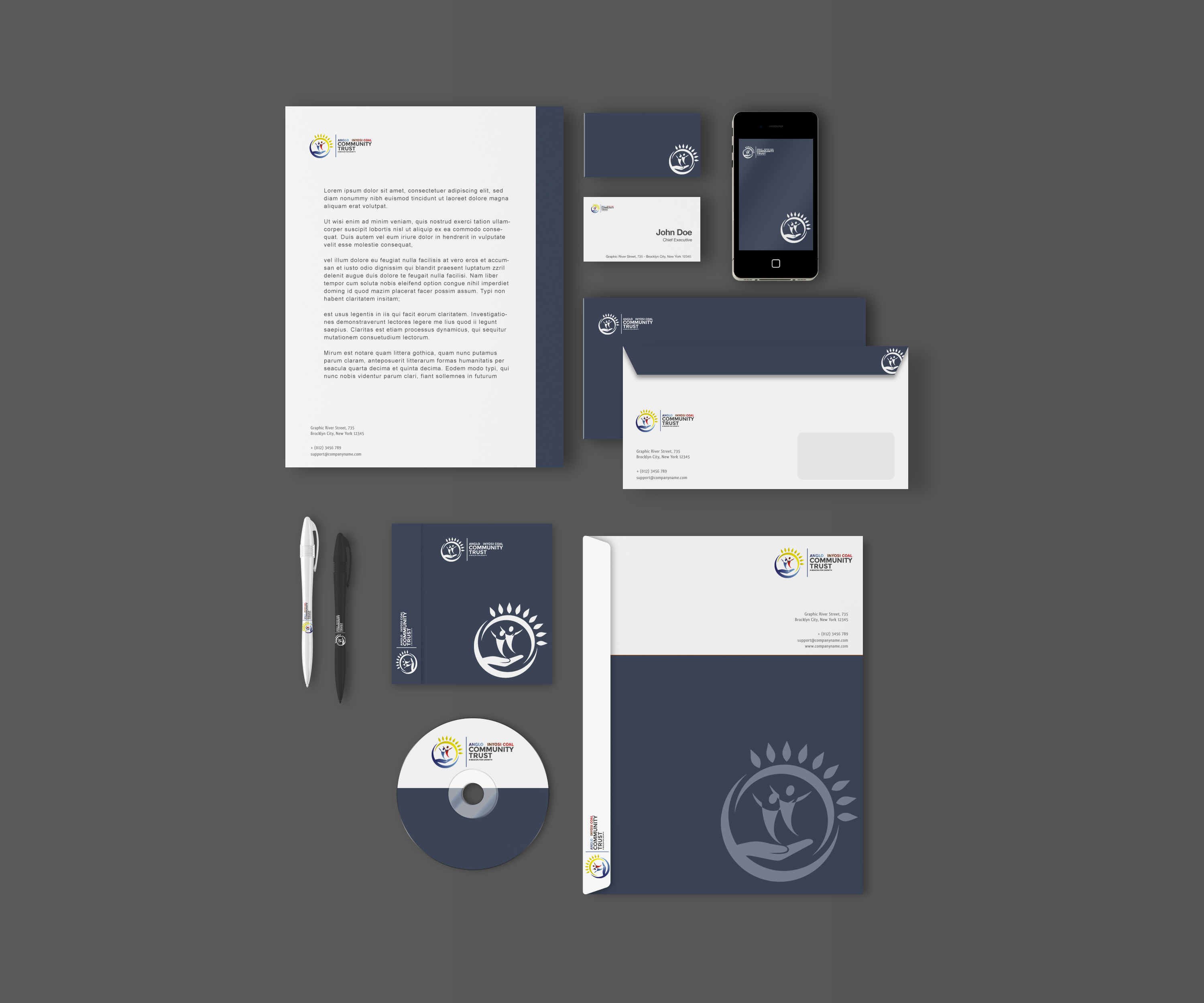 Anglo Inyosi Coal Community Trust corporate identity mockup.